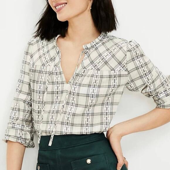 LOFT Plaid Ruffle Tie Front Long Sleeve Blouse Size S - Picture 1 of 6